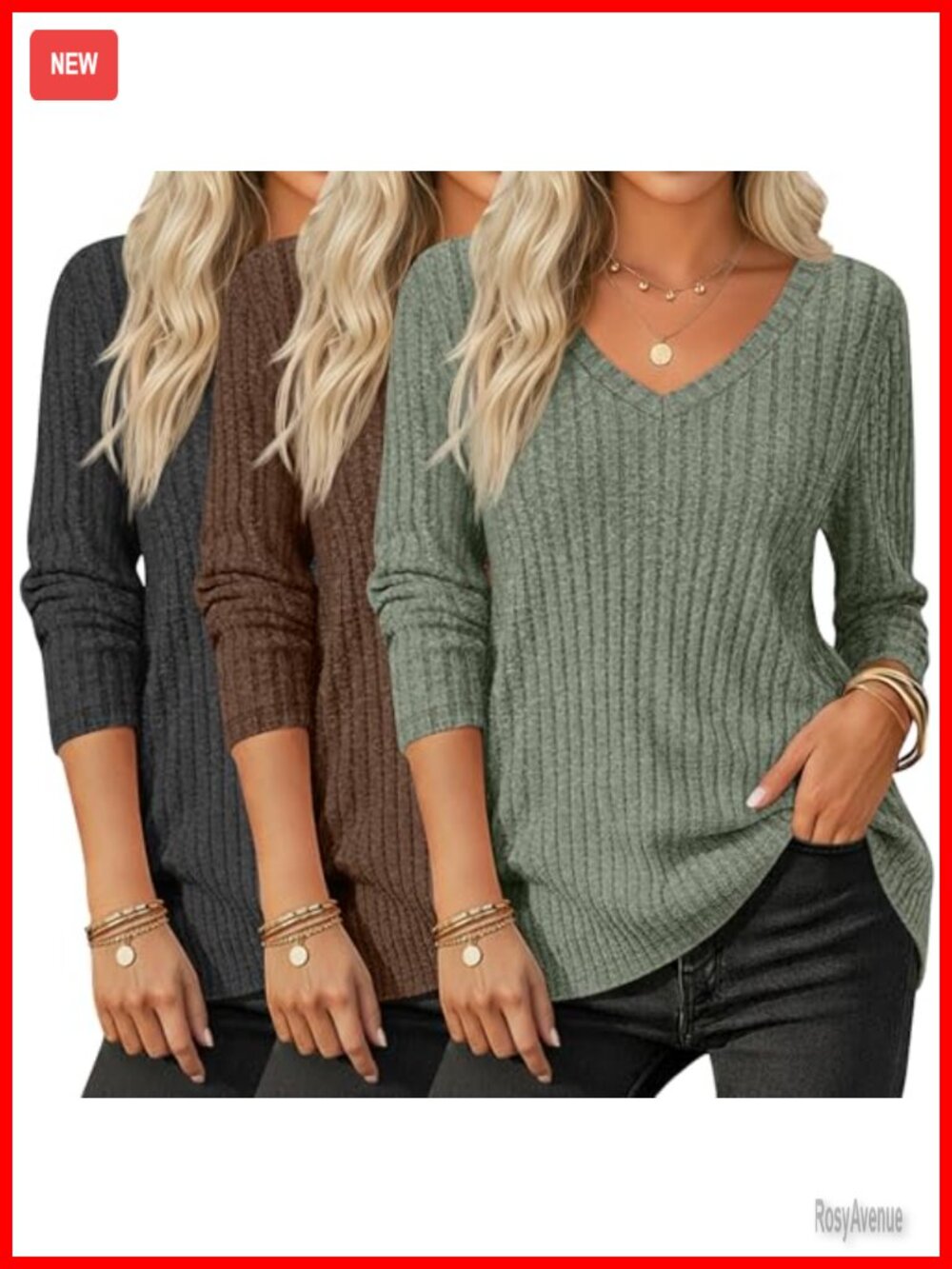 Women's Long Sleeve Ribbed Tunic Sweater V-Neck Curved Hem Pullover